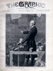 Arthur James Balfour (1848-1930), British politician and statesman speaking in the drill hall, Sheffield